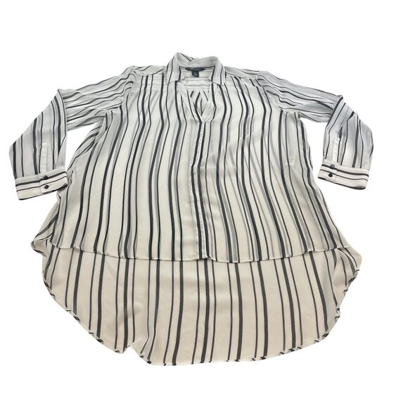 WHBM Women's Black with White Stripe Hi-Low Chiffon Button Front Shirt Sz 14 - Picture 3 of 10